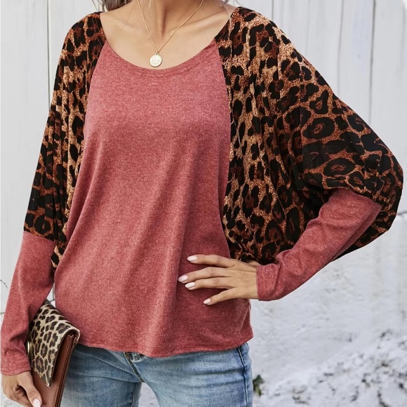 Casual Batwing Sleeve Drop Shoulder Leopard Print T-Shirts Women's Clothing - Picture 5 of 6